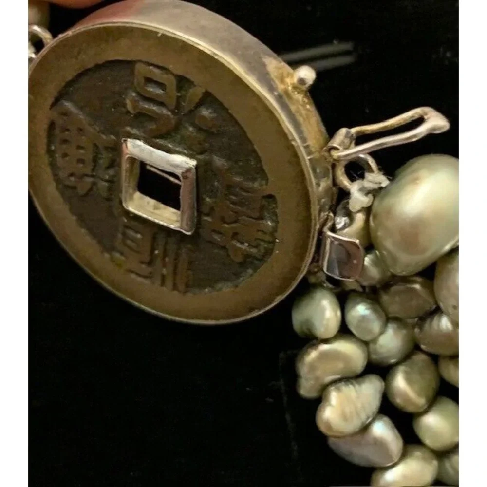 VTG Multi Strand Pearl Necklace Chunky Statement Asian Sterling Silver Coin MCM